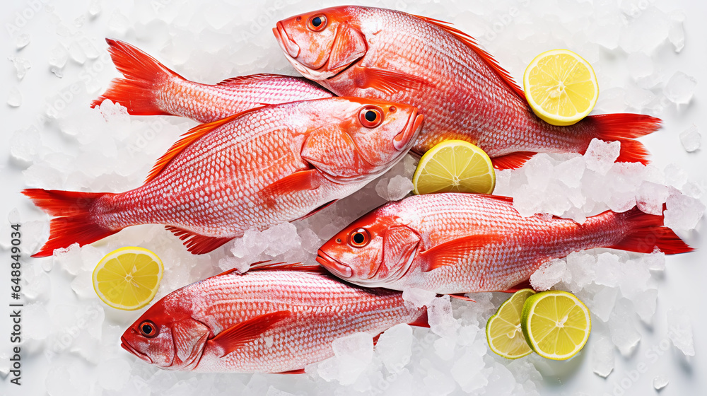 Red snapper fish catch in ice cubes. Seafood background. Generative AI