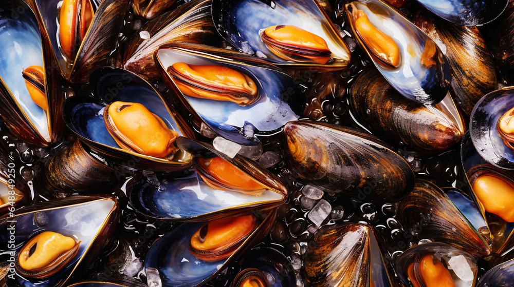 Raw Mussels on ice in the restaurant . Fresh seafood shellfish background. Generative AI