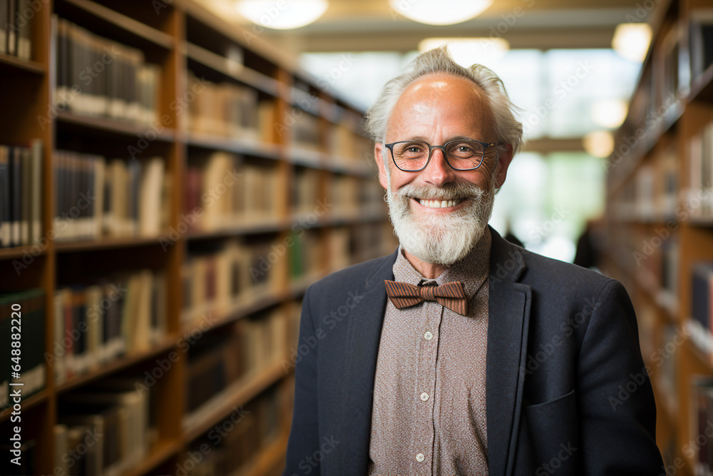 Photo generative AI concept of handsome clever wise man professional lecturer in library bookshelf blurred background