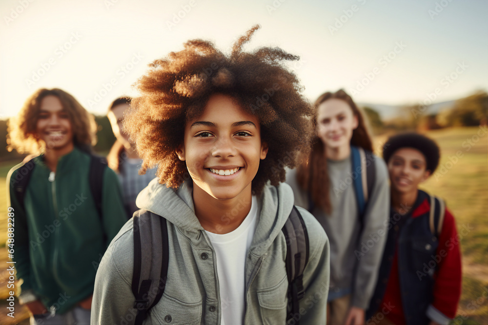 Generative AI image of many students best friends walking to school together september day