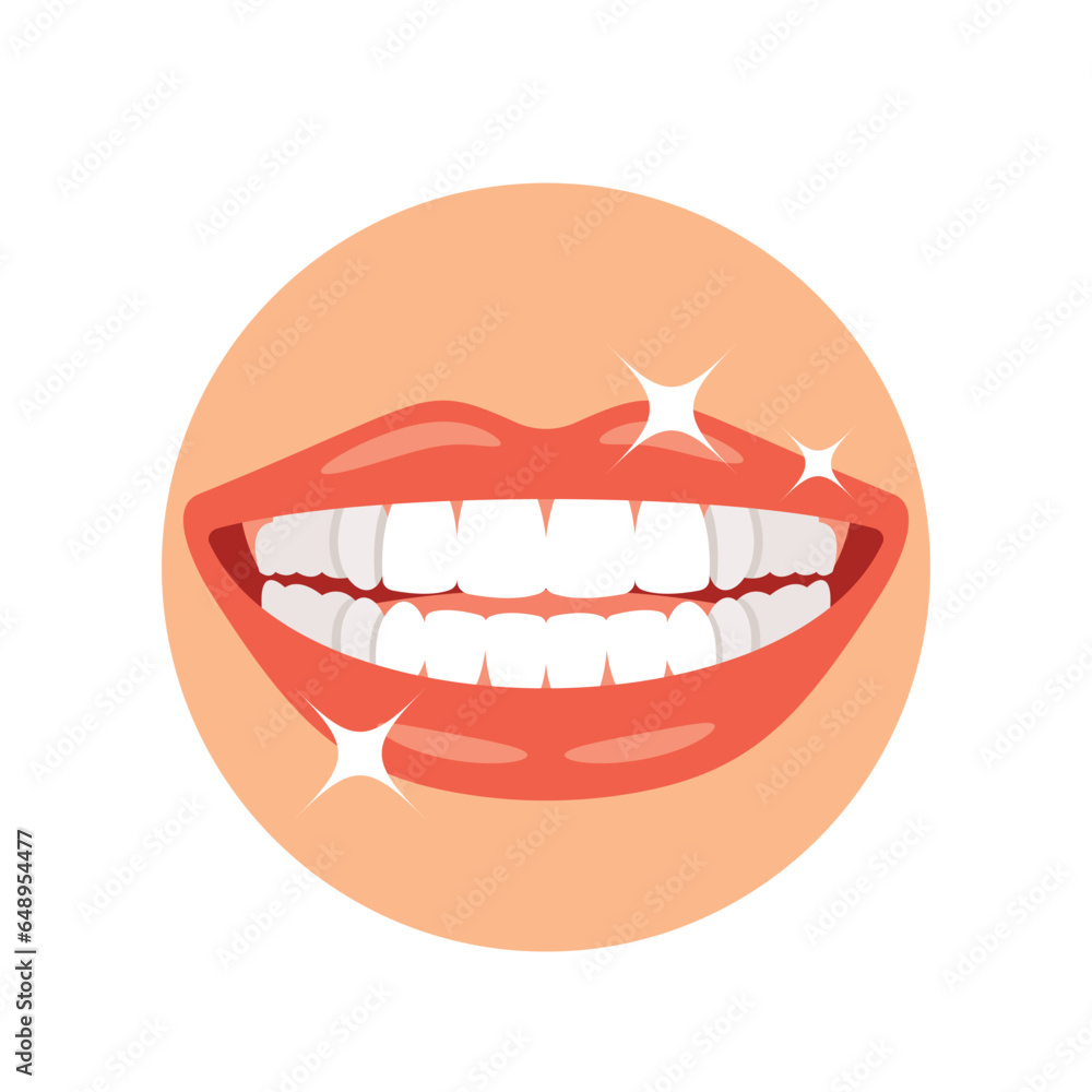 Isolated Round Icon Depicts A Mouth With Gleaming White Teeth, Symbolizing Good Oral Hygiene And A Healthy Smile