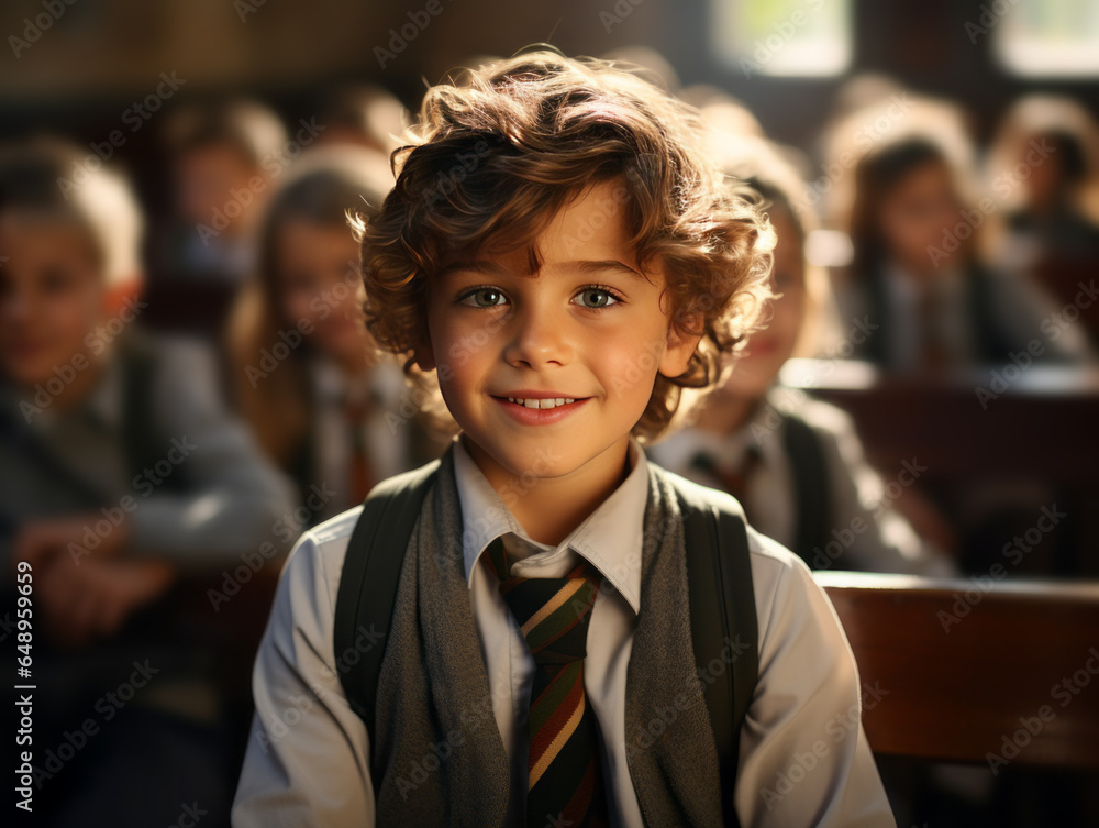 Portrait of a smiling schoolboy in a classroom at school. Generative AI