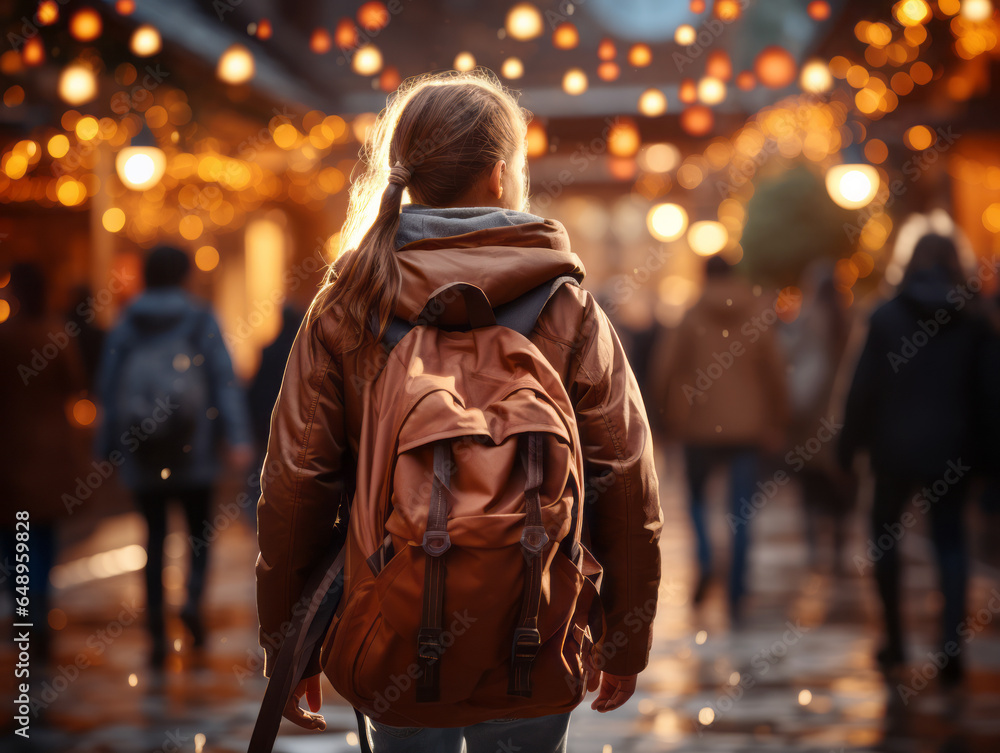 Back view of young woman with backpack walking on street at Christmas time. Generative AI