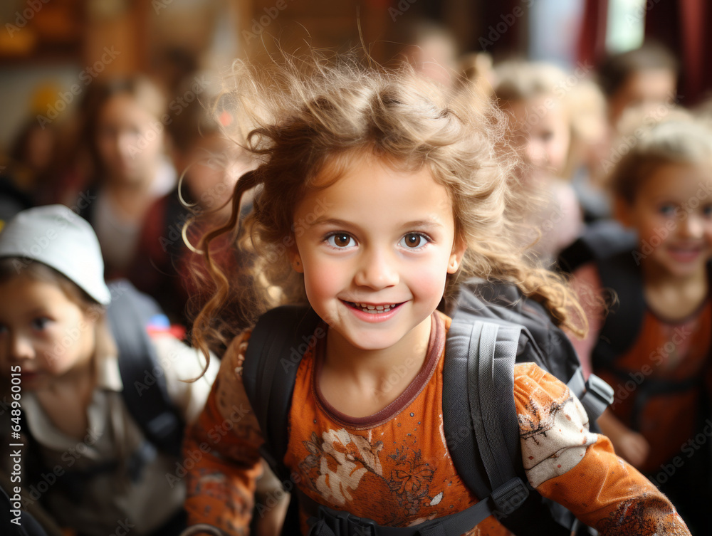 Little girl with curly hair on background of school, children going to school. Generative AI