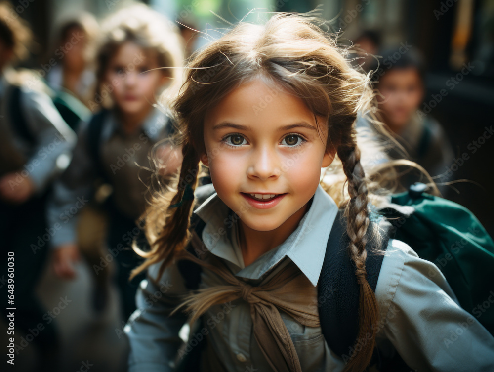 Portrait of a schoolgirl with a backpack on the background of schoolchildren. Generative AI