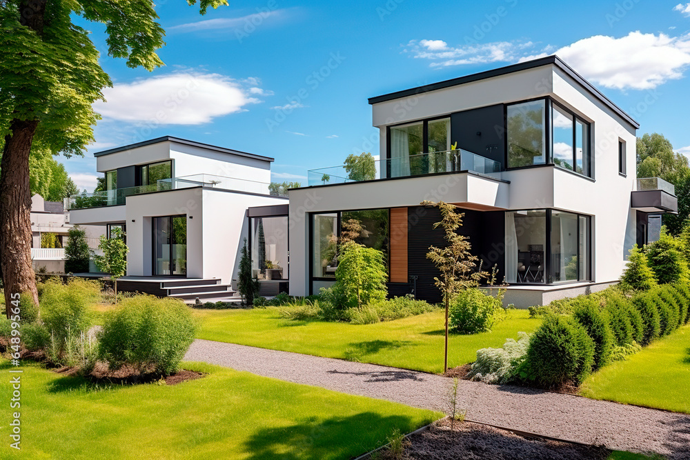 Modern white house with a lush green garden