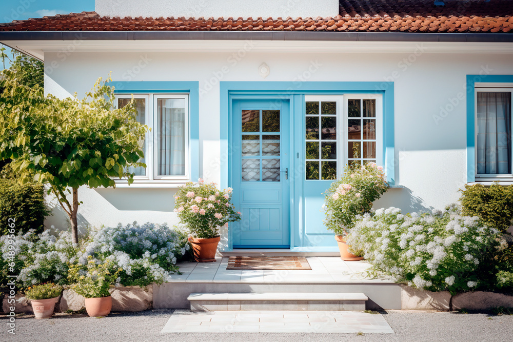 Classic residential house exterior, blue entrance door 