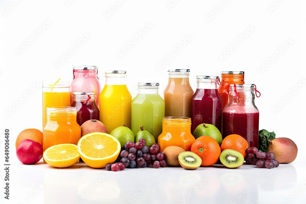 Fresh fruits and juice in bottles isolated on white background