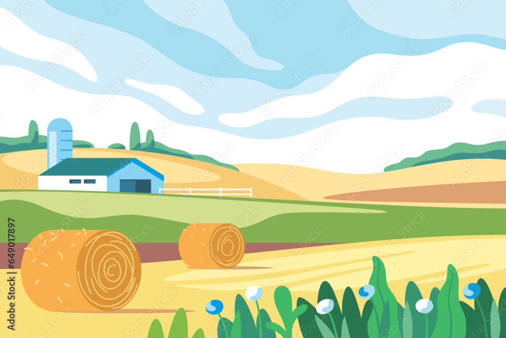 Nature landscape, farm with fields. Farming and agriculture, harvesting. Ecological natural organic production. Quality local products growing. Farmer market. Vector illustration.