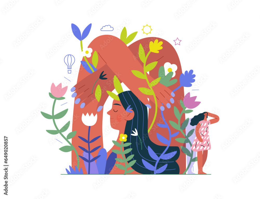 Greenery, ecology -modern flat vector concept illustration of a mural of a woman, surrounded by plants. Metaphor of environmental sustainability and protection, closeness to nature