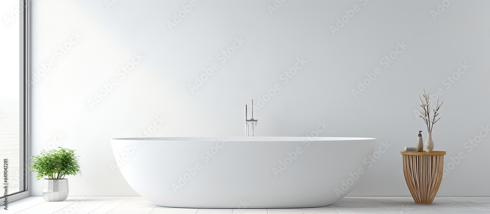 Contemporary ceramic tub by illuminated interior wall