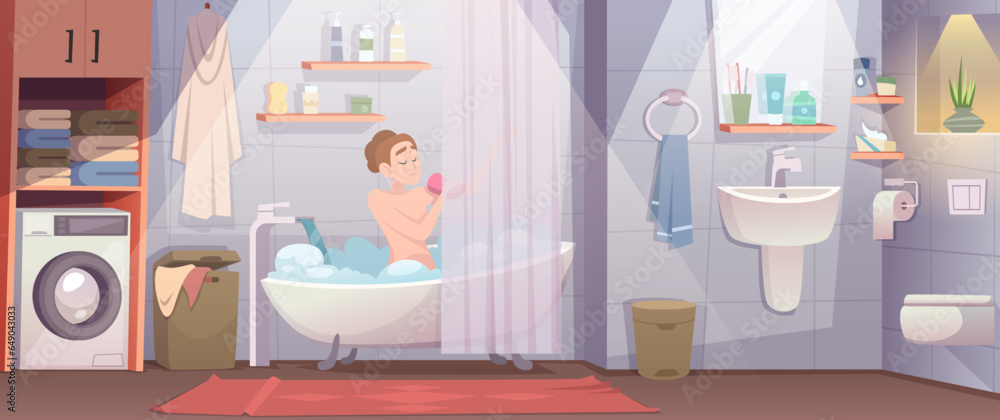 Bathroom interior. Modern decorated toilet room with different sanitary hygiene tools exact vector cartoon background