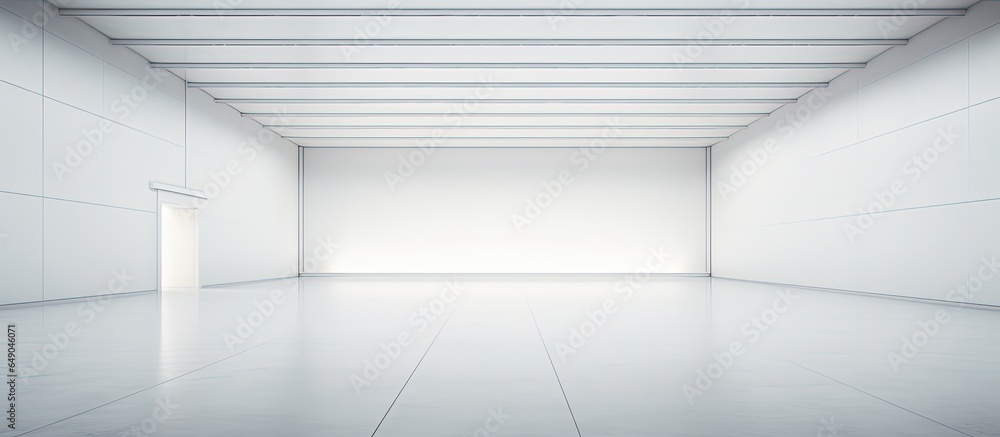 Conceptual design of a fabstract showroom with wide empty halls and partitions situated in an architectural background