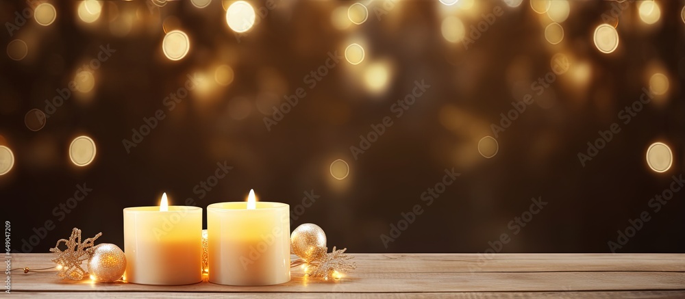 Bokeh lights on a wooden table with a sweater and two candles