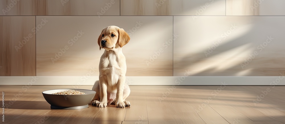 A puppy drinks water from a bowl in a modern living room