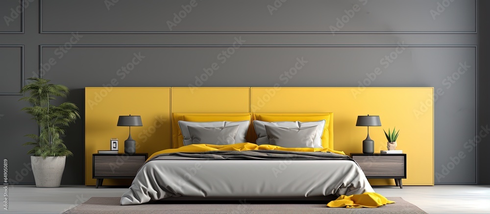 a contemporary bedroom with a double bed closed door and gray and yellow color scheme