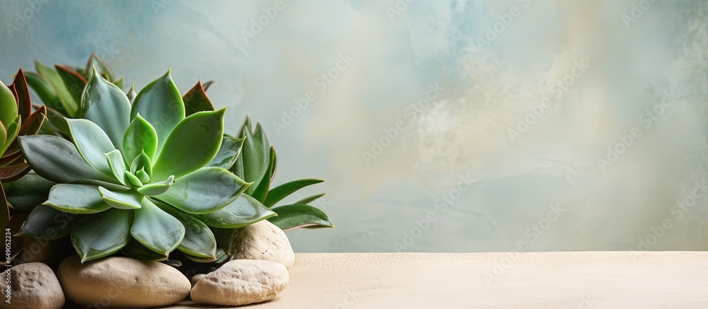 Close up of green succulent leaves on an eggshell plaster backdrop