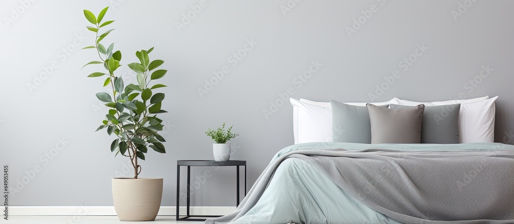 A contemporary apartment with a green potted plant next to a comfy bed and light linen situated in a bedroom with gray walls during the day