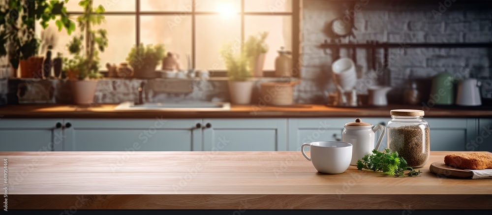 Blurred kitchen room with table top