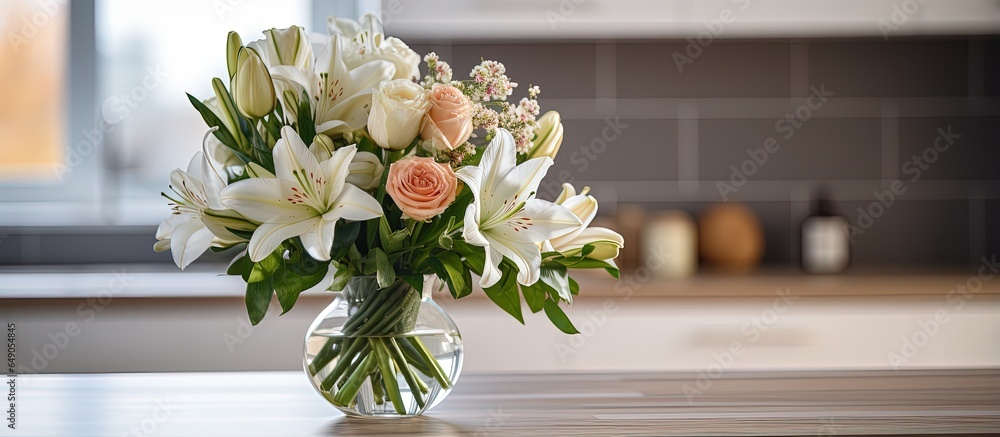 Beautiful flowers arranged on kitchen countertop for interior design with text space