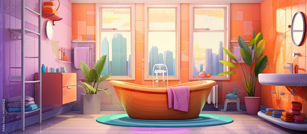 Colorful cartoon of a modern bathroom with furniture architectural concept