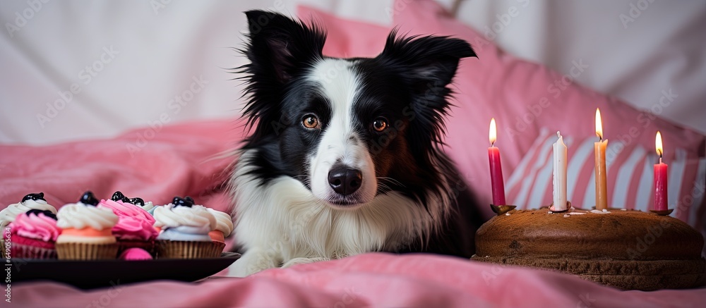 Border collie celebrates with cupcake on bed