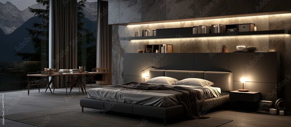 Contemporary bedroom interior in black and grey