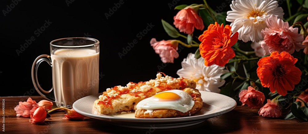 Breakfast with pizza cappuccino and peonies on the table