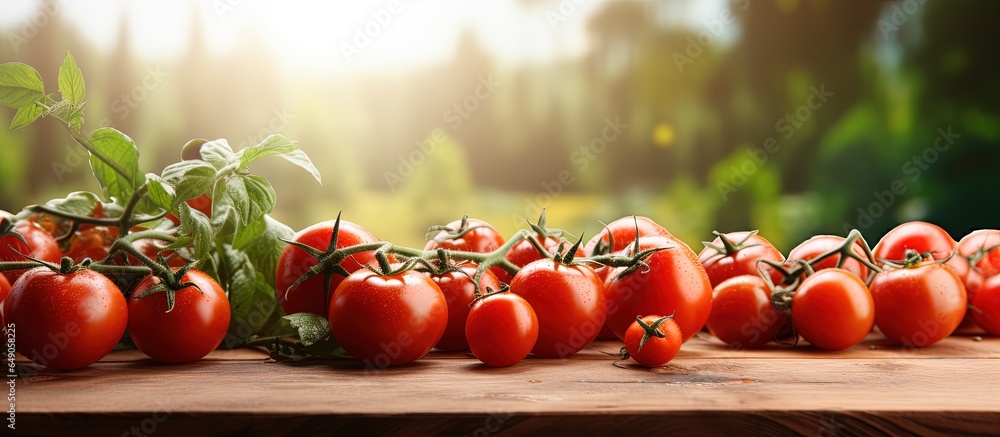 Brown wooden table with kitchen counter Fresh red tomatoes arranged with blurred sunny view