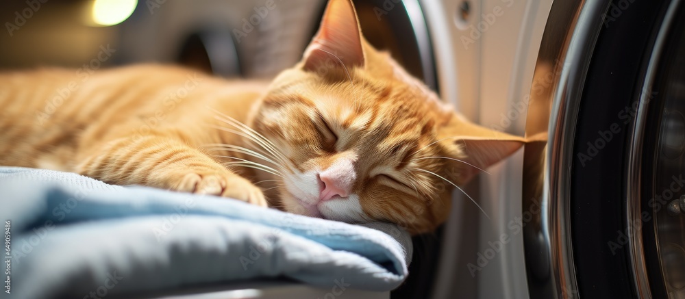 Closeup of a ginger tabby cat snoozing on bathroom washing machine