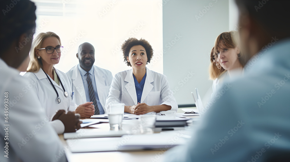 Diverse group of doctor having a meeting in conference room. Teamwork, innovation and doctors collaboration in meeting in conference room