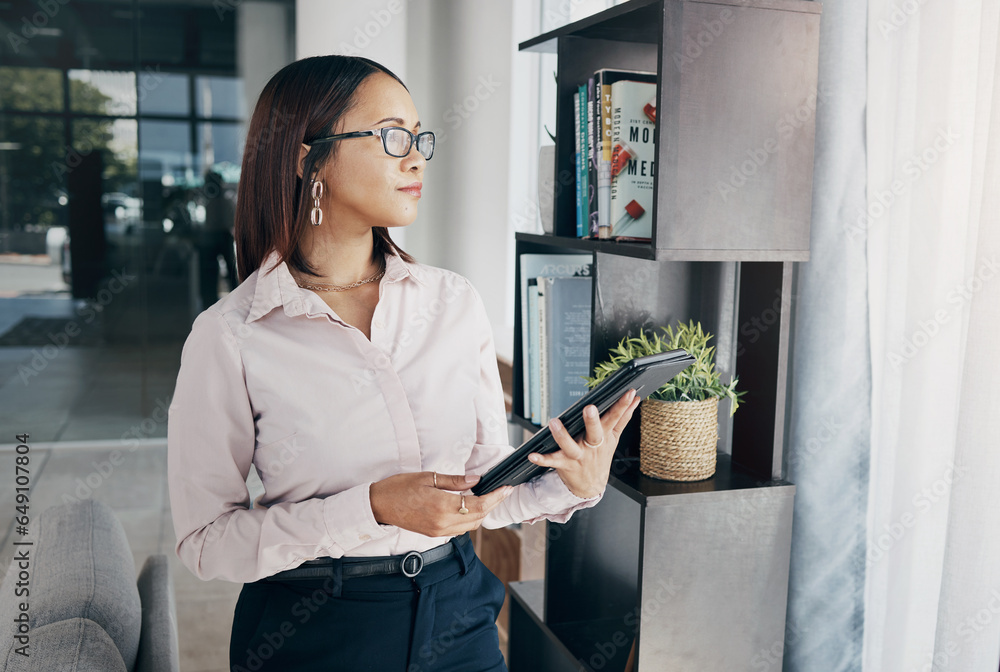 Businesswoman in office with glasses, tablet and thinking of email, schedule and online HR report feedback. Internet website, networking and ideas on digital app, woman at human resources agency.