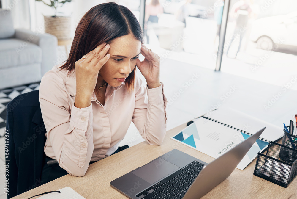 Business, laptop and woman with burnout, headache and depression with a deadline, glitch and stress. Person, worker and employee with a pc, migraine and mental health with tension, strain and anxiety