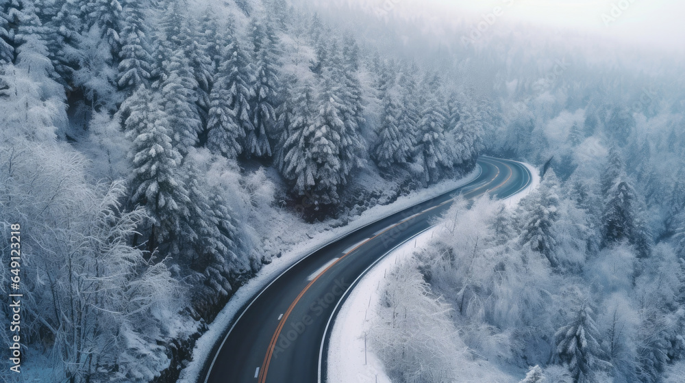 a Curvy windy road in snow covered forest. Top view. Generative Ai