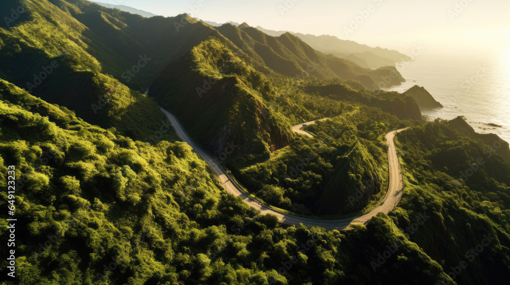 Aerial view of a winding road cutting through mountains or a coastal landscape, depicting natures grandeur. Road. Generative Ai