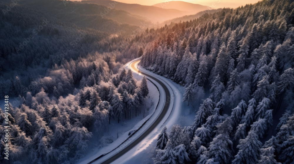 Aerial view of Curvy windy road in snow covered forest. Generative Ai