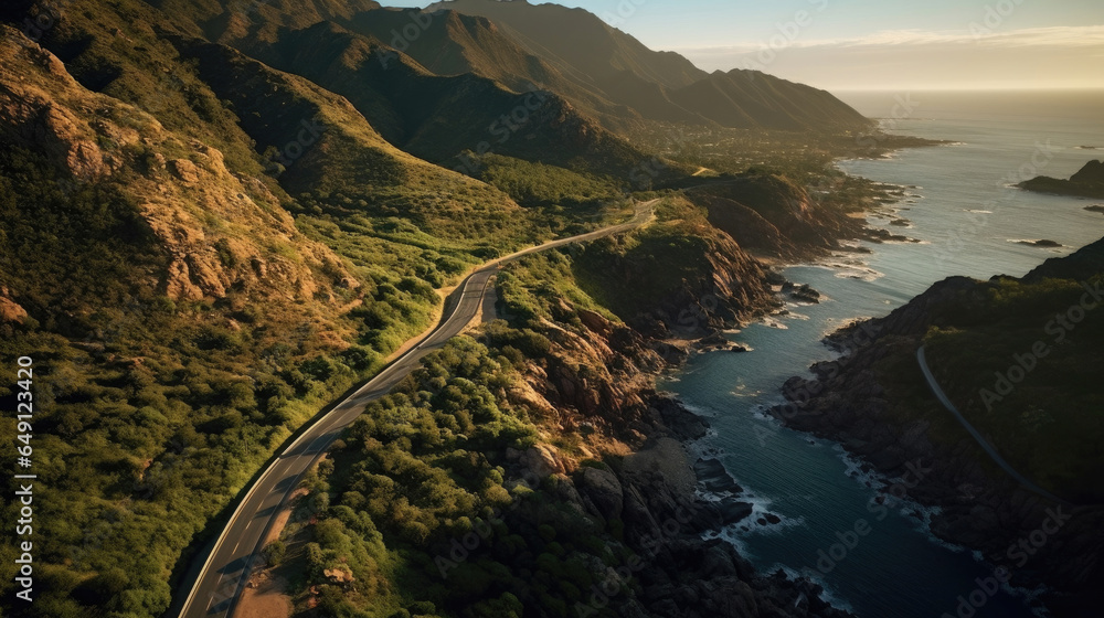 Aerial view of a winding road cutting through mountains or a coastal landscape, depicting natures grandeur. Road. Generative Ai