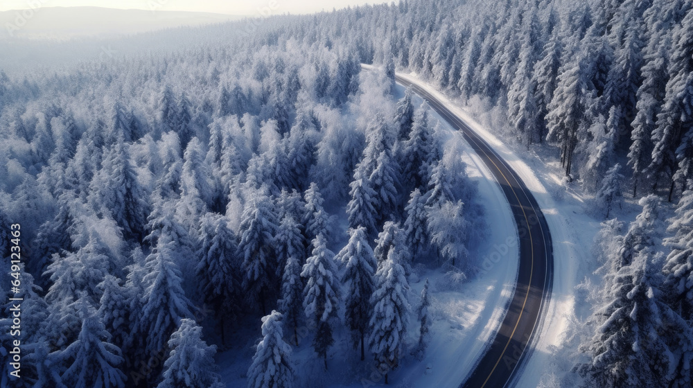 Aerial view of Curvy windy road in snow covered forest. Generative Ai