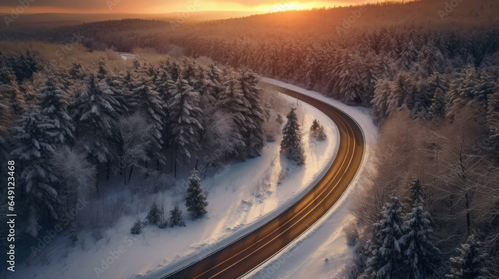 Aerial view of Curvy windy road in snow covered forest. Generative Ai