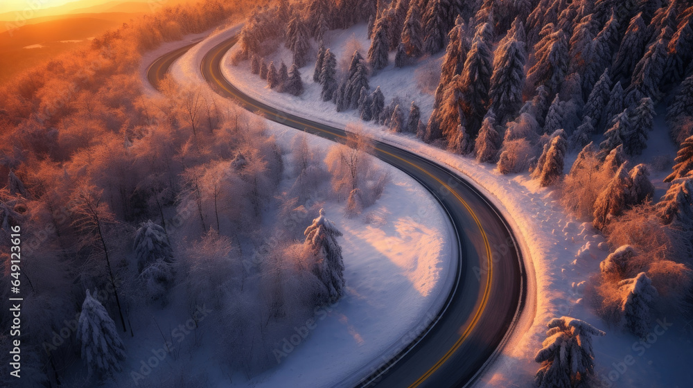 Aerial view of Curvy windy road in snow covered forest. Generative Ai