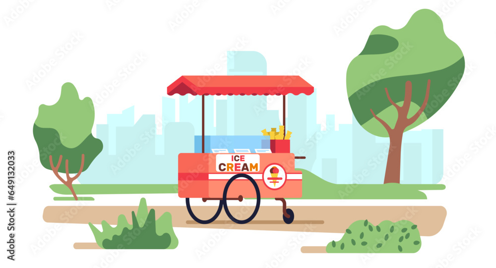 Ice cream cart. Park street food. Snacks selling kiosk in nature. Frozen dessert. Summer outdoor cafe. Stall on wheels. Festival store. Empty fairground shop. City landscape. Vector concept