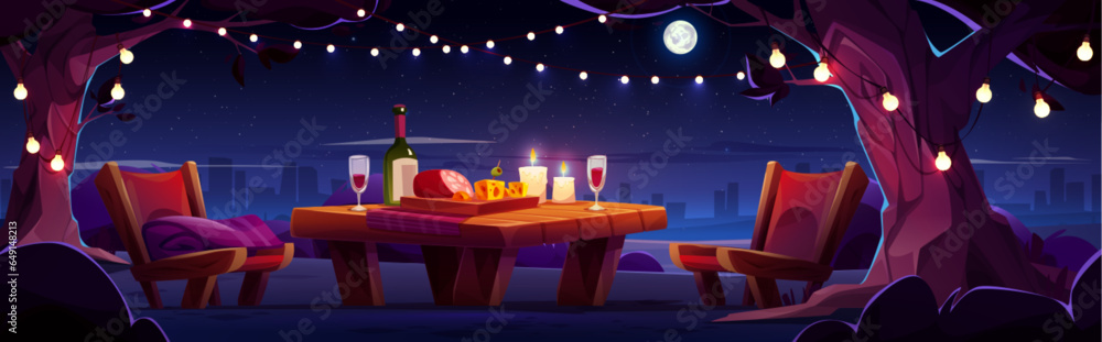 Romantic picnic in city park with table and chair vector background illustration. Outdoor date dinner setup with cityscape view. Cheese, sausage and wine bottle above starry sky backdrop concept.