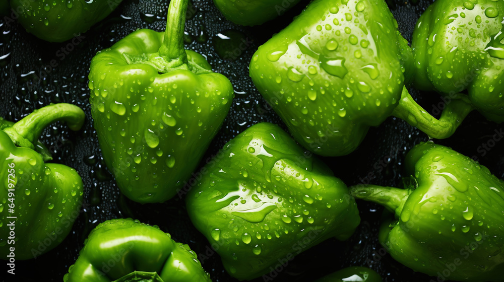 Fresh green bell peppers with water drops background. Vegetables backdrop. Generative AI