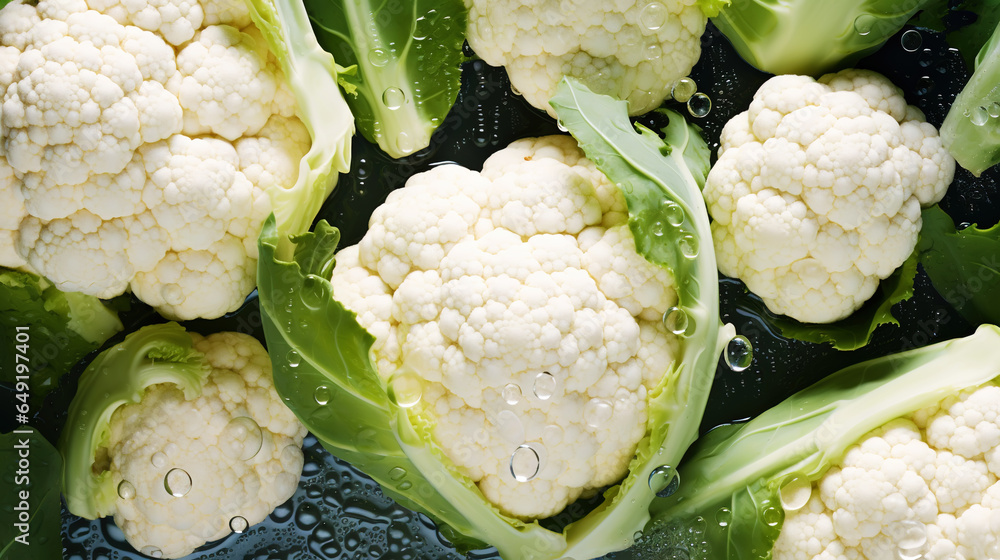 Fresh cauliflowers with water drops background. Vegetables backdrop. Generative AI