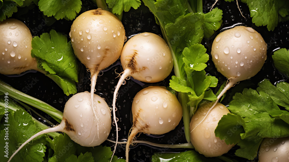 Fresh turnips with water drops background. Vegetables backdrop. Generative AI