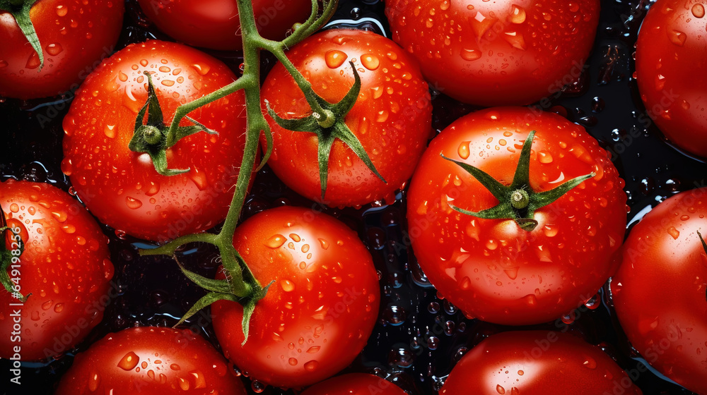 Fresh red tomatoes with water drops background. Vegetables backdrop. Generative AI