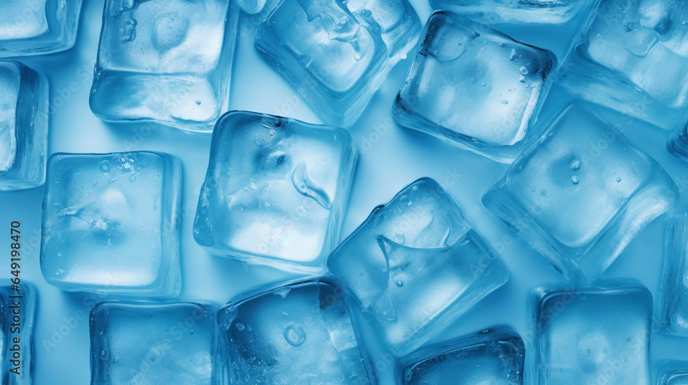 Ice cubes bluish background. Frozen water. Cold fresh concept. Generative AI