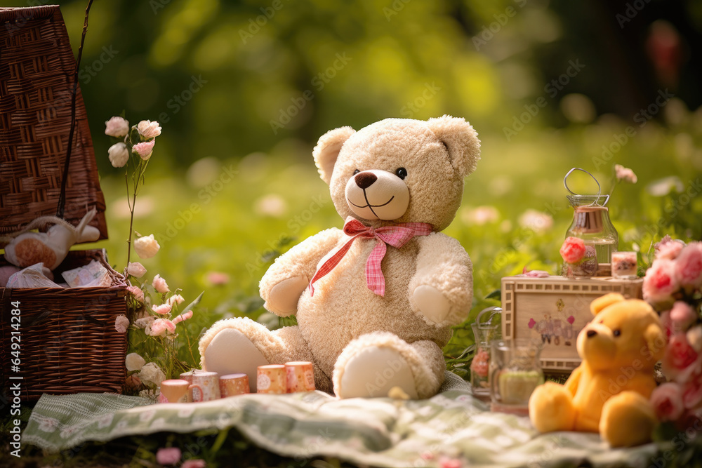 Picnic with a vintage teddy bear sitting on the green grass in the park and bathing in the warm sunlight of the autumn sunset.