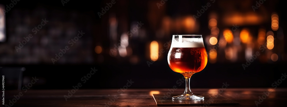 Snifter glass of light beer on bar table in a dark pub with copy space. Generative AI