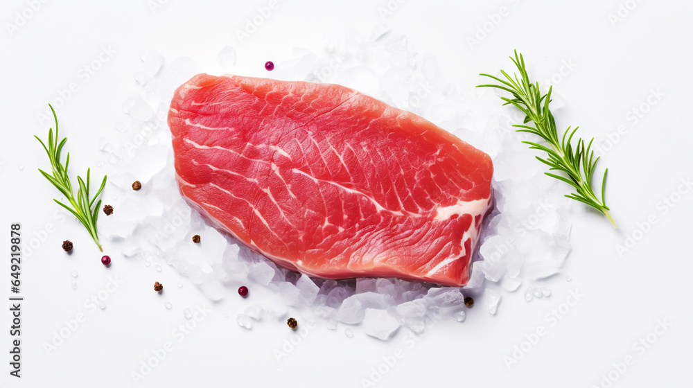 Slices of tuna fish on the ice cubes. Fresh fish fillet. Seafood background. Generative AI